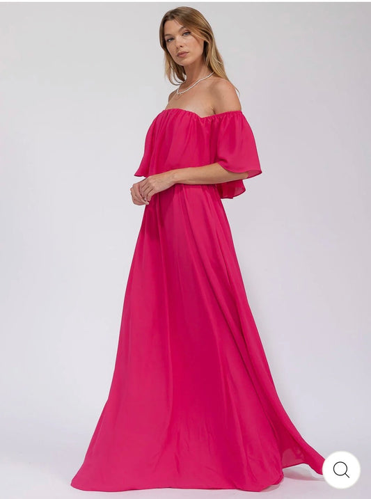 Vestido maxi fucsia elegante de manga corta con cintura elástica shoulder off