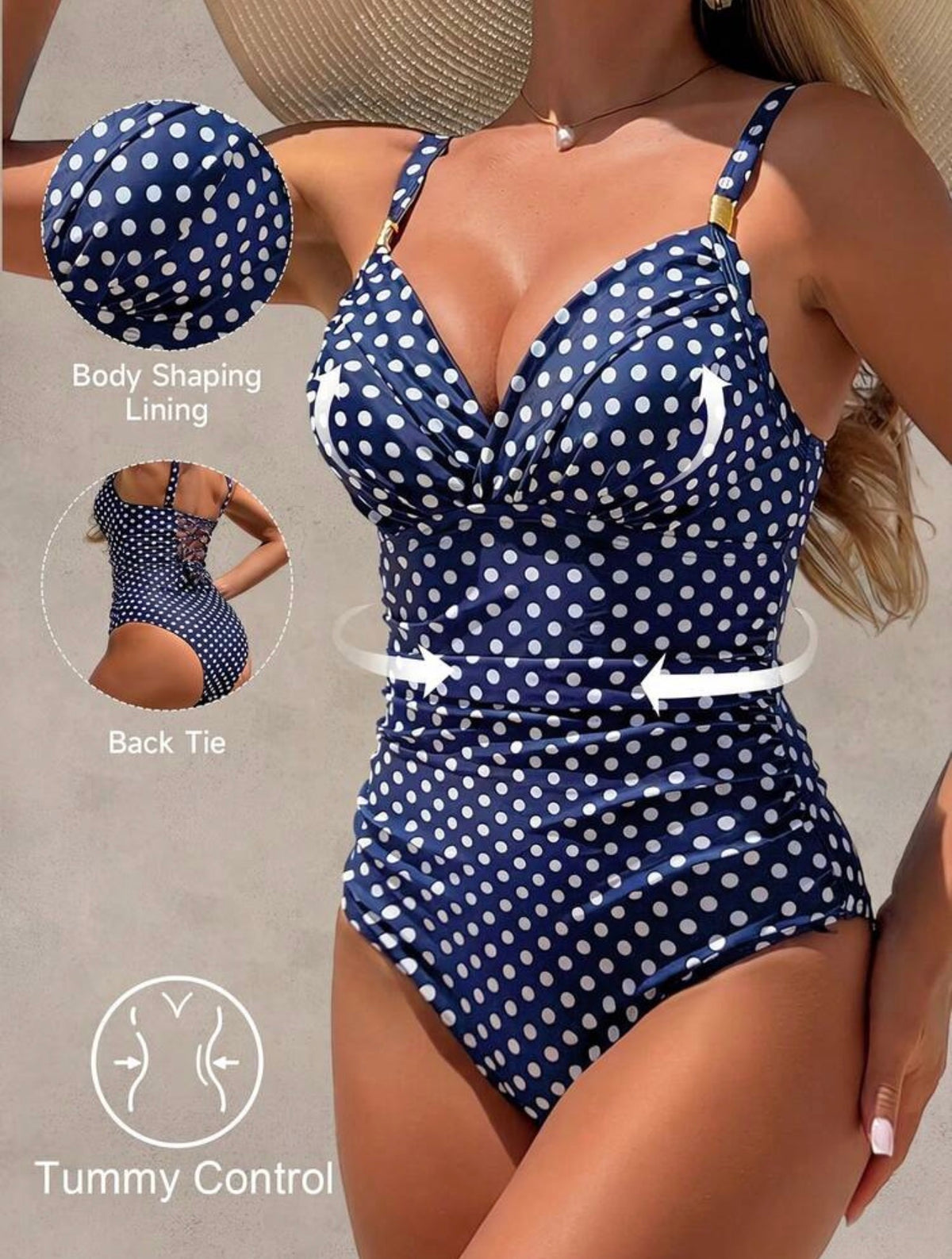 Traje de baño azul polka dot con control abdominal