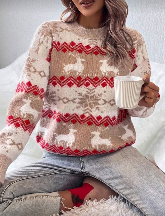 Suéter de manga larga beige con decoración roja