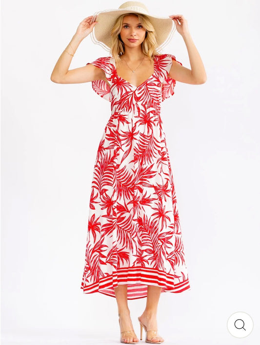 Vestido rojo y blanco cuello V