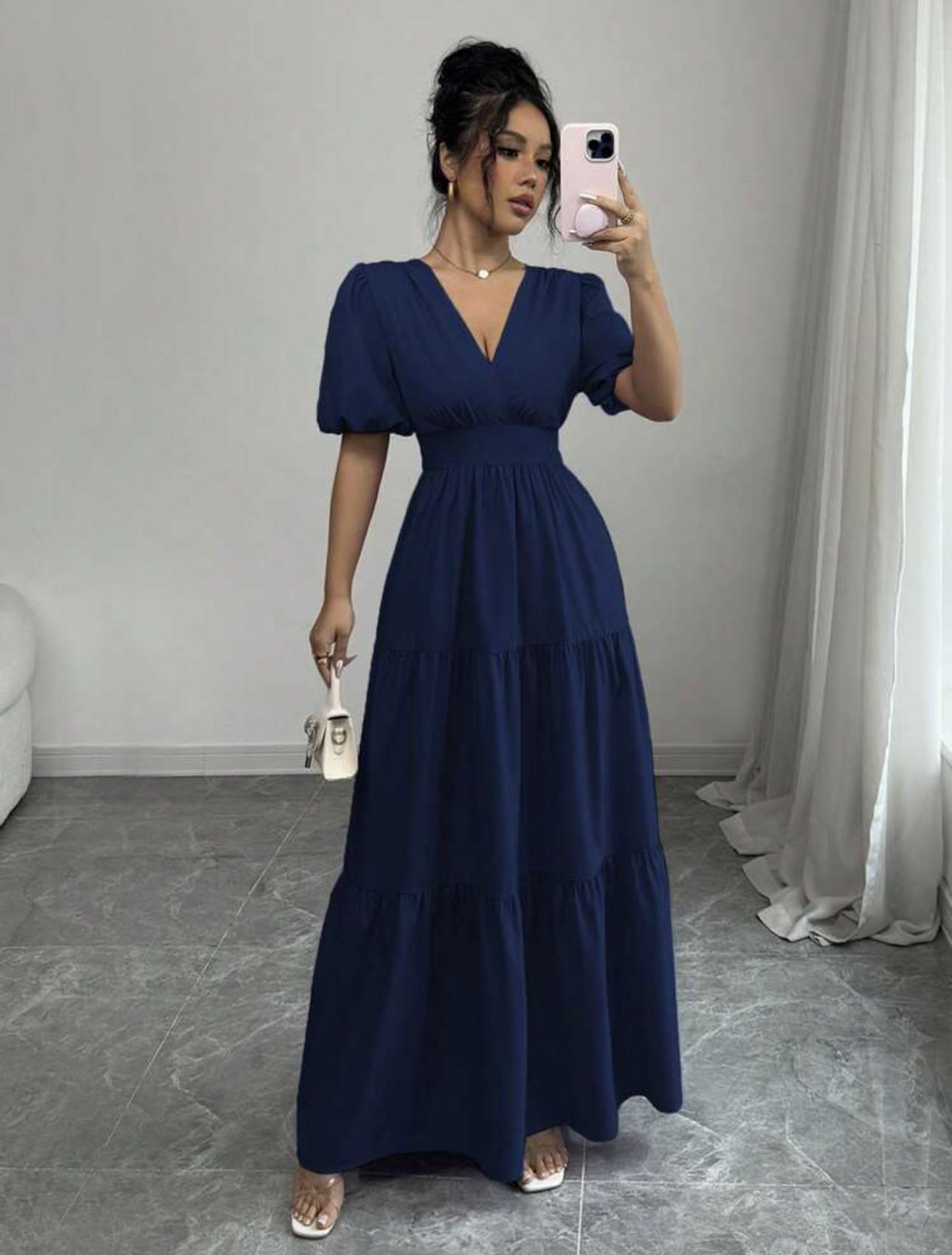 Vestido azul largo cuello V con elástico en la cintura