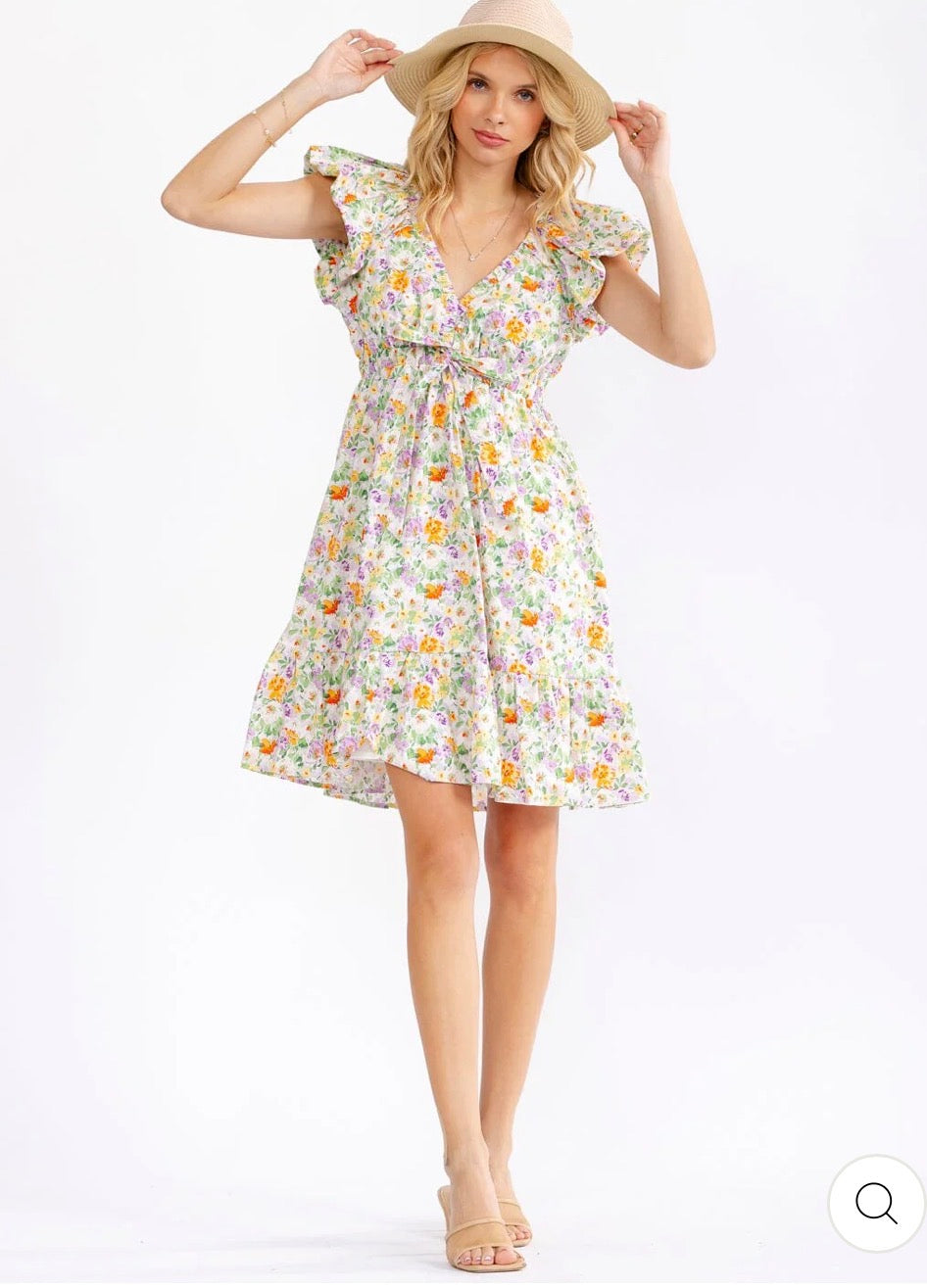Vestido blanco corto floral cuello V
