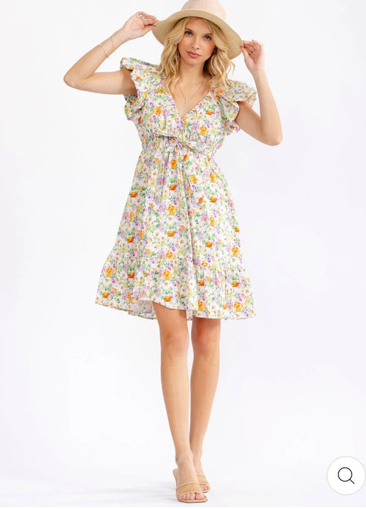Vestido blanco corto floral cuello V