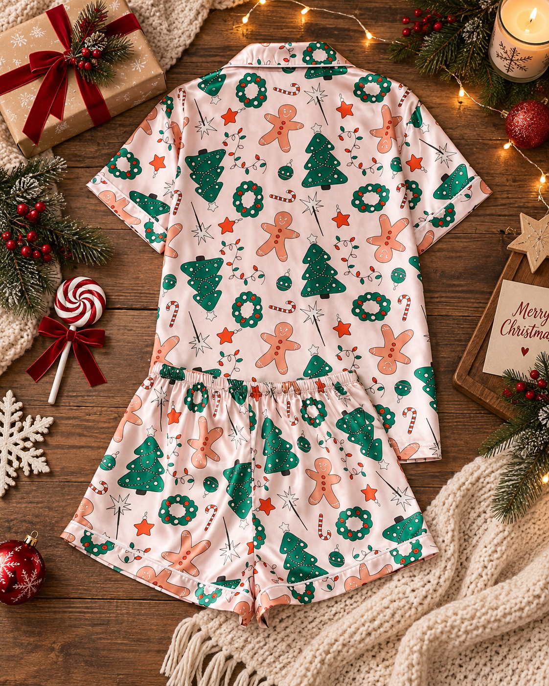 Pijama Navidad muñeco de jengibre Y arbolito satinada