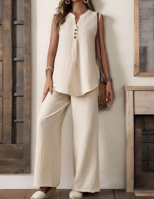 Conjunto beige: camisa y pantalón pierna ancha