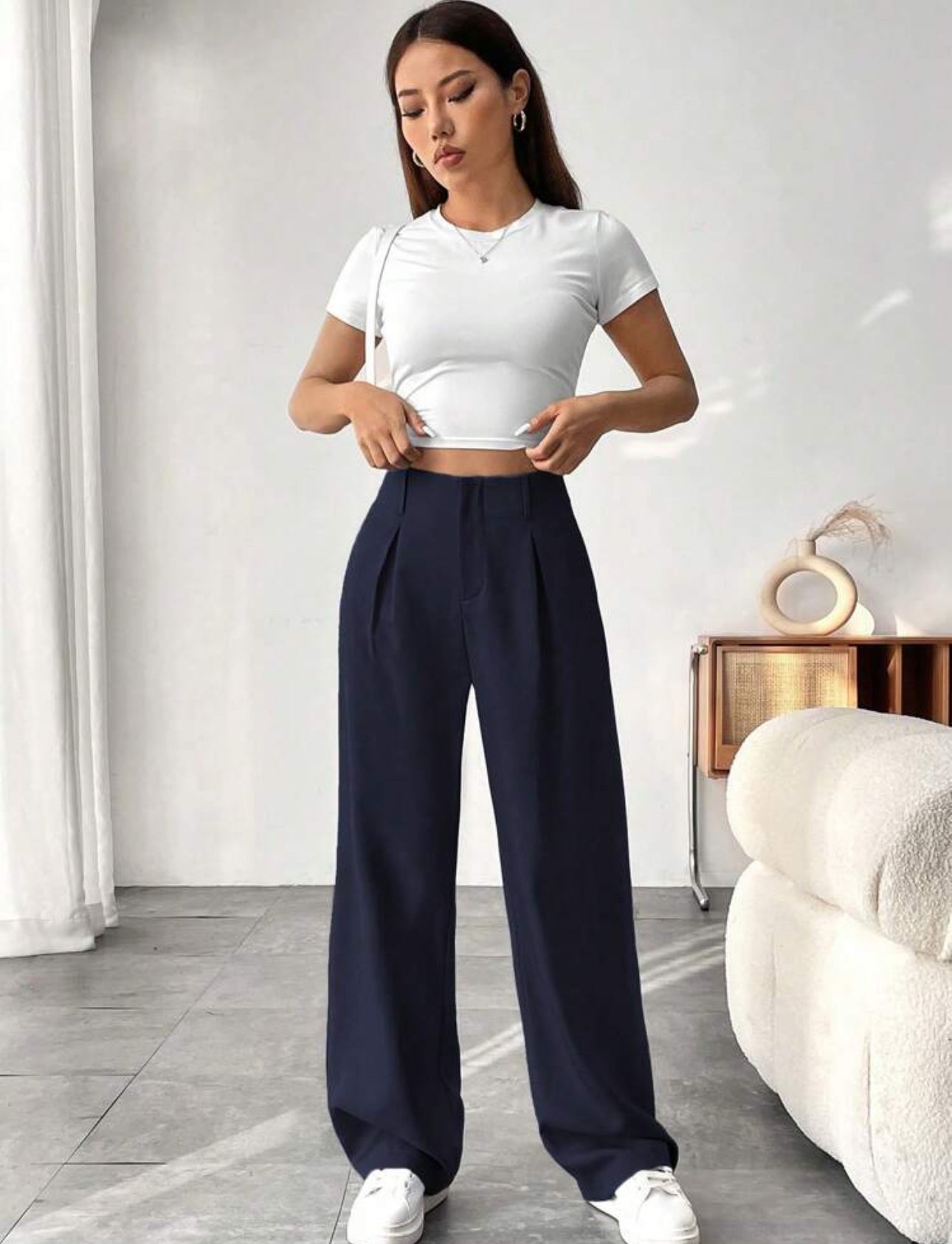 Pantalón azul marino casual de cintura alta y pierna ancha