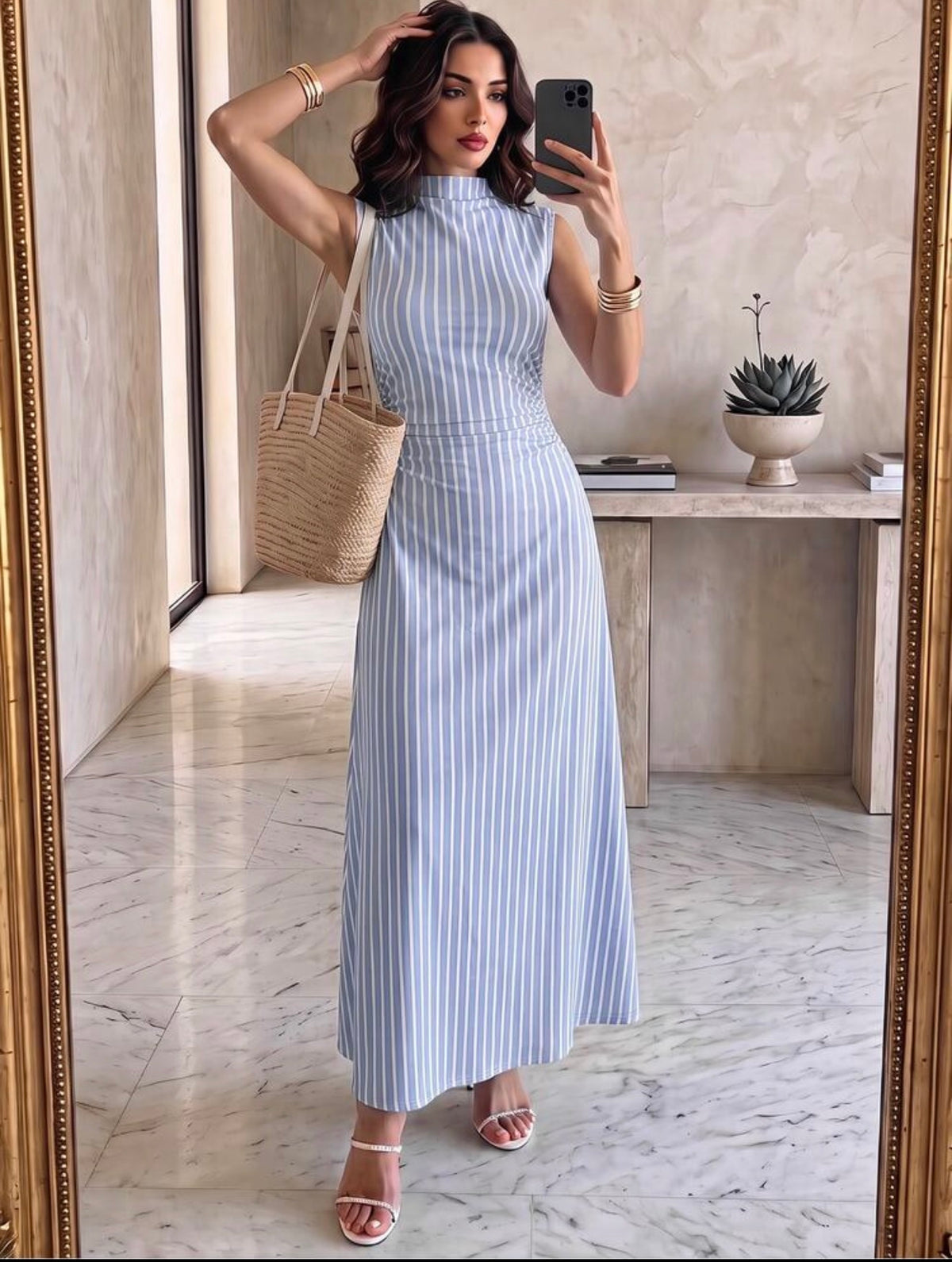 Vestido azul celeste con rayas blancas