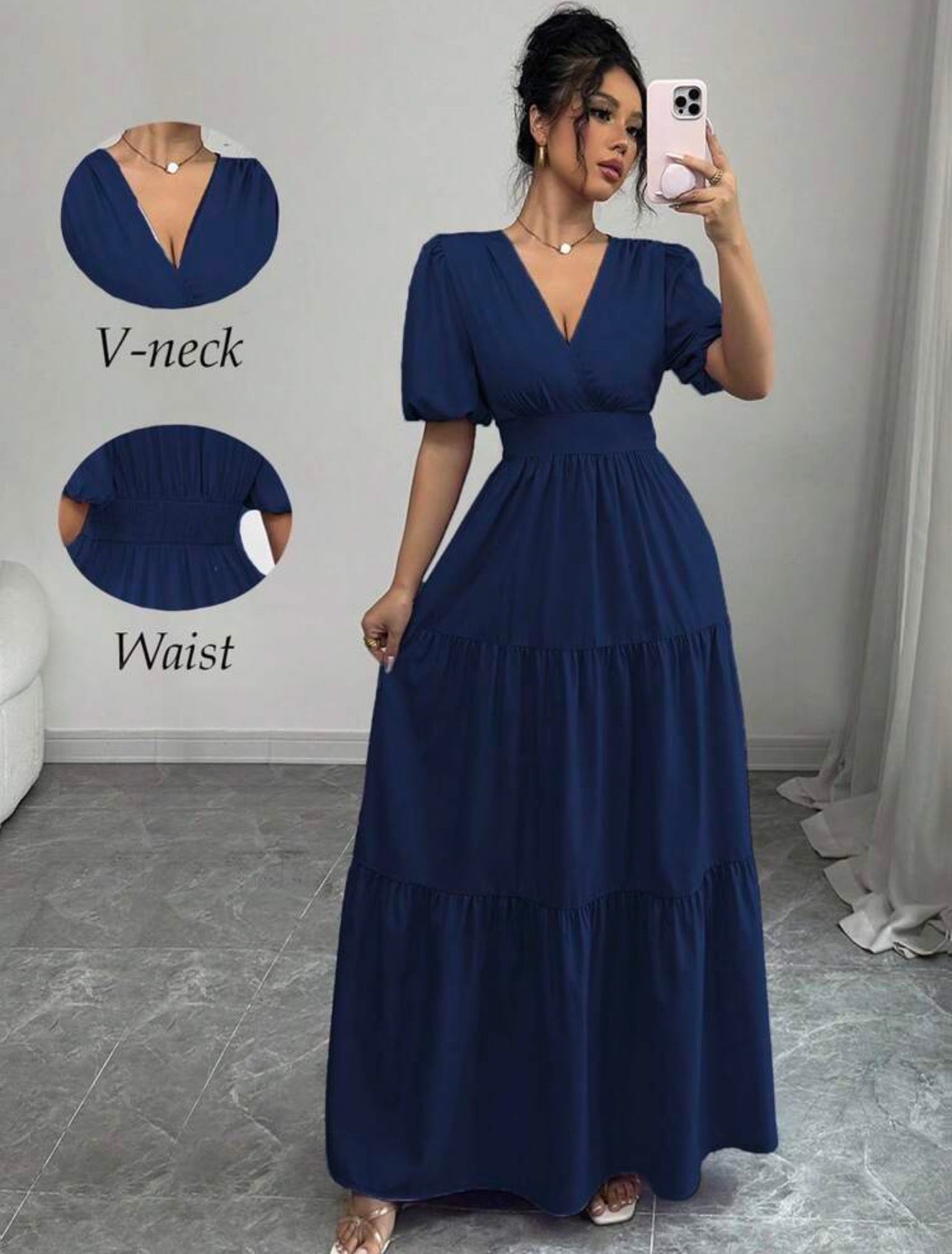 Vestido azul marino largo cuello V