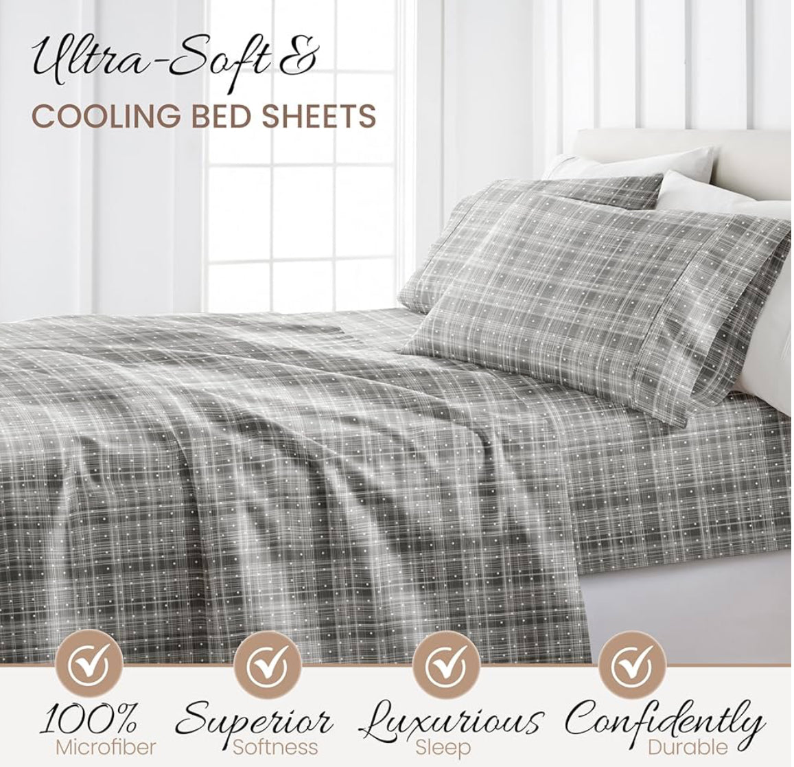 Linen Market Double-Brushed Patterned Microfiber California King Sheet Set 4 Piece – Oeko-TEX Certified Ultra Soft & Wrinkle-Free - 16" Deep Pocket Sheets Easy Care Cal-King Size - Polka Dot Gray. 2 pillowcases and 
1 fitted sheet