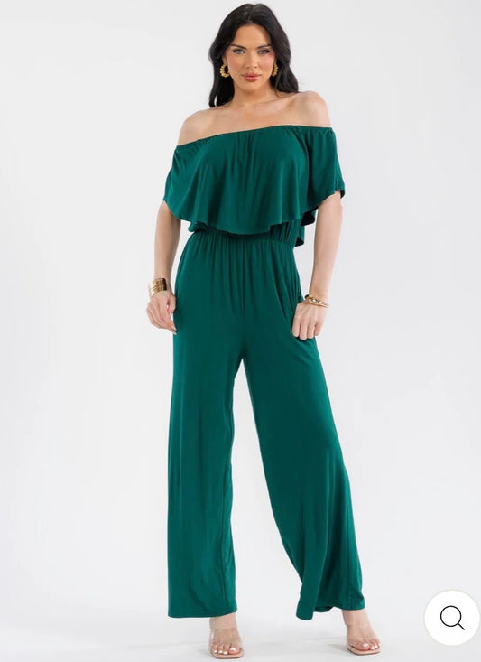Jumpsuit verde para mujer de manga corta con cintura elástica, bolsillos y pantalón de pierna ancha.