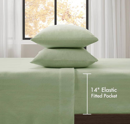 True North by Sleep Philosophy Micro Fleece Bed Sheet Set, Warm, Sheets with 14" Deep Pocket, for Cold Season Cozy Sheet-Set, Matching Pillow Case, Queen, Green, 4 Piezas