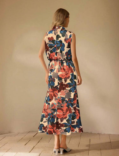 Vestido beige estilo midi con estampado floral anaranjado