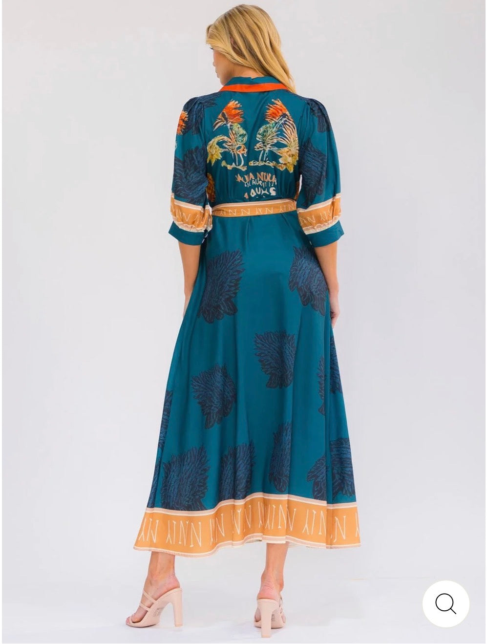 Vestido Amalfi verde con cinta anaranjada