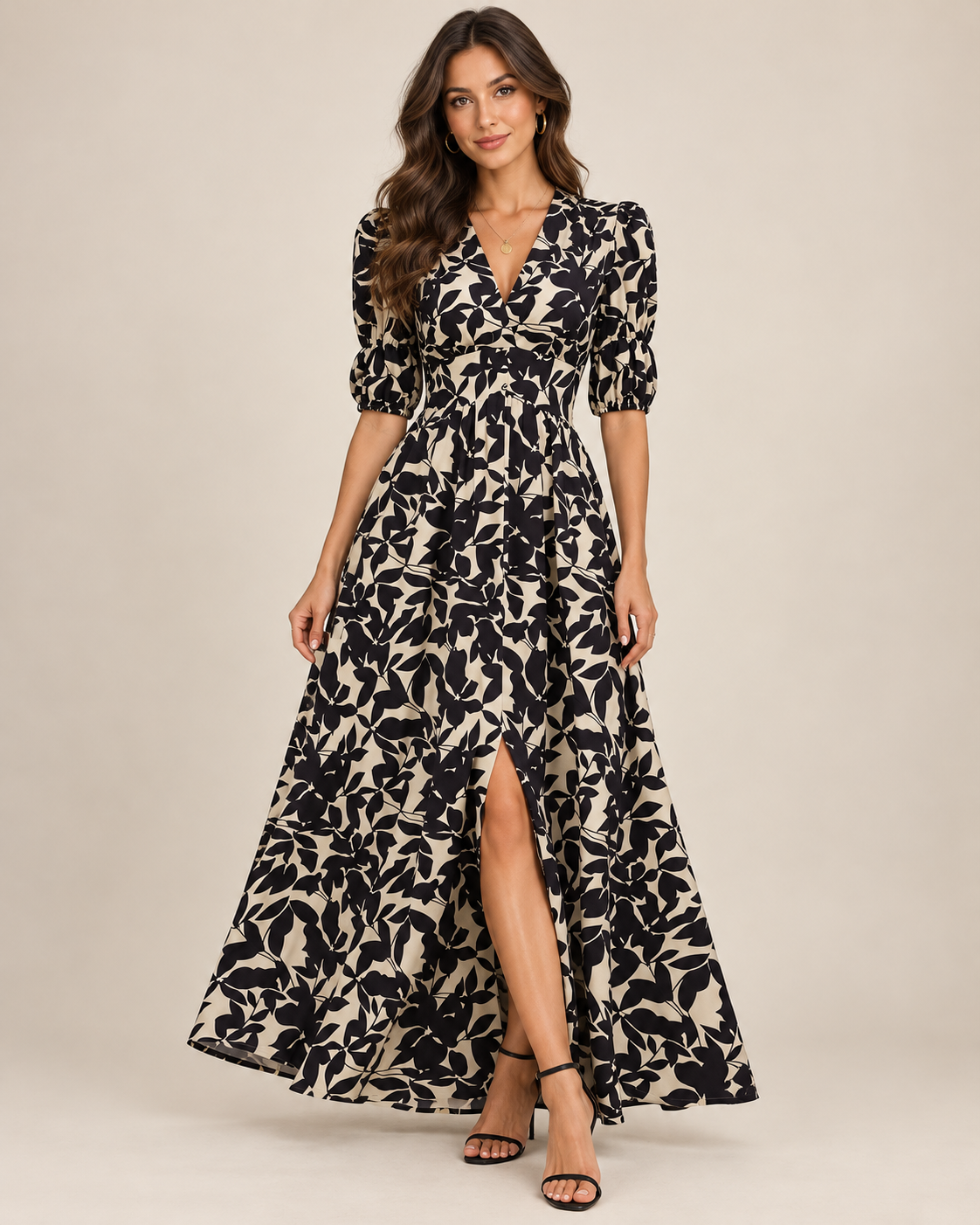 Vestido beige y negro floreado