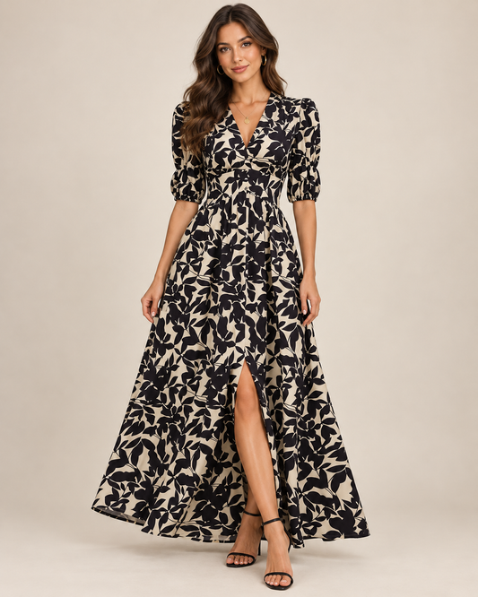Vestido beige y negro floreado