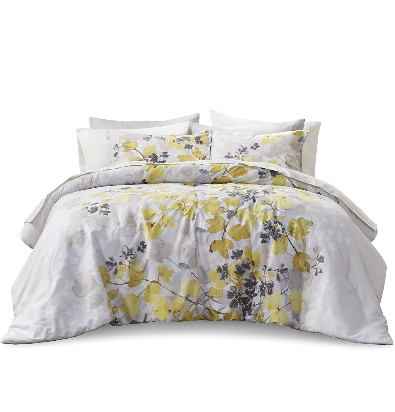 Madison Park Bed in A Bag-Trendy Casual Design Cozy Comforter, 2 shams, 1 Fited sheet with pockets, 1 flat sheet and 4 pilowcases King, Leaf Yellow 9 Piece