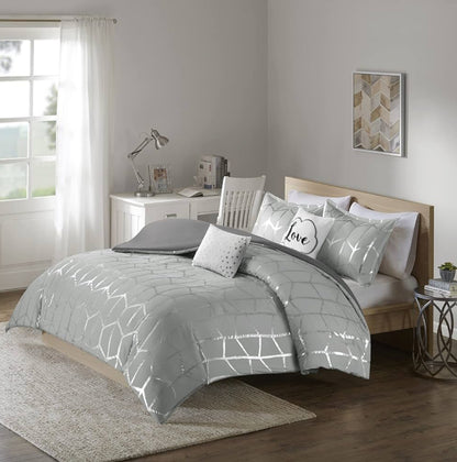 Intelligent Design Raina Geometric Style Duvet Set Full/Queen. Gris/Plateado. 5 Piezas.