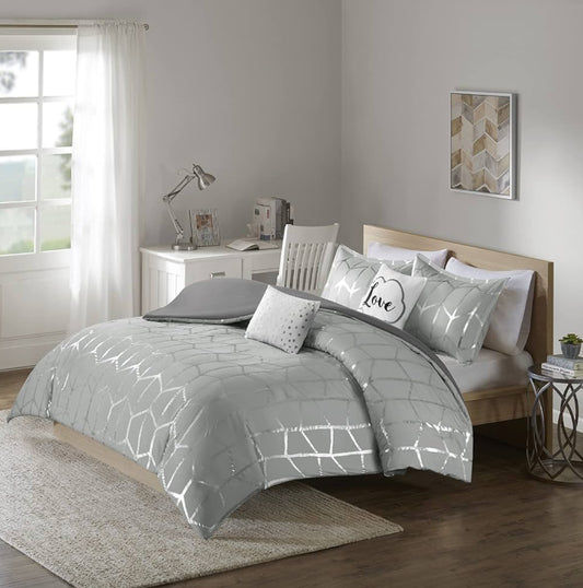 Intelligent Design Raina Geometric Style Duvet Set Full/Queen. Gris/Plateado. 5 Piezas.