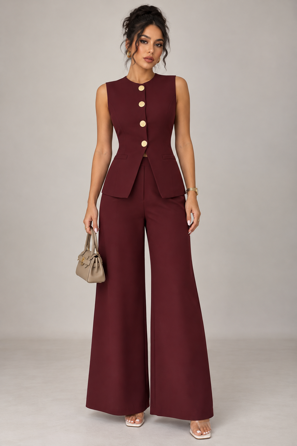 Conjunto burgundy de dos piezas botones dorados