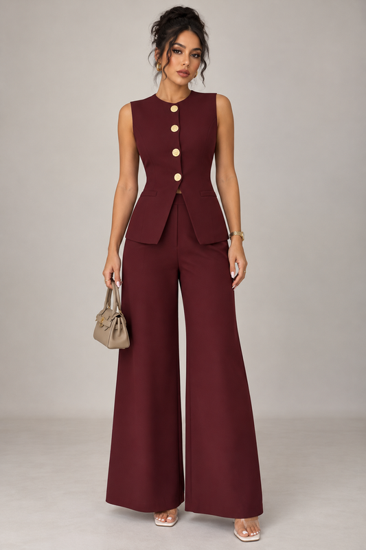 Conjunto burgundy de dos piezas botones dorados