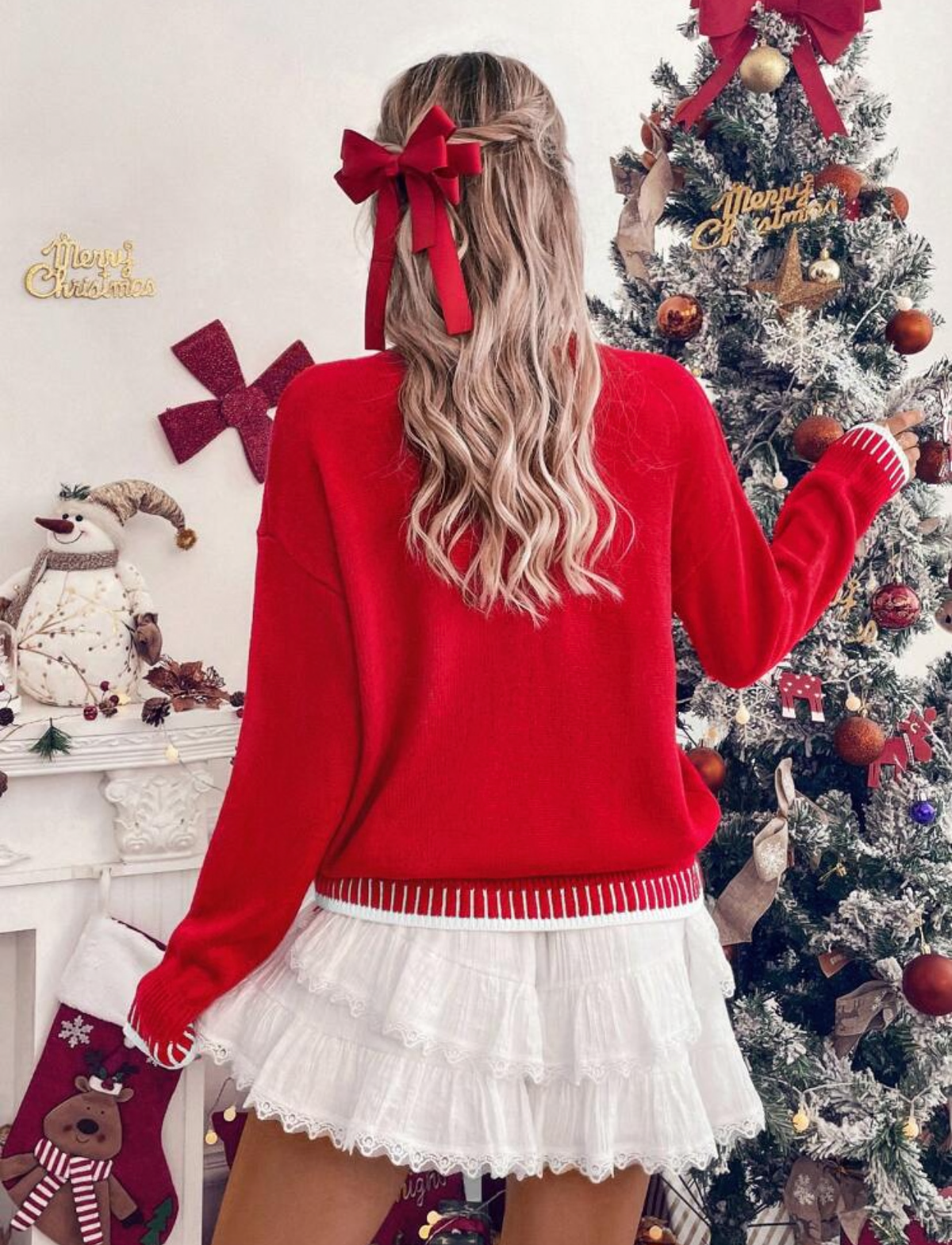 Suéter de Navidad rojo letras Merry en blanco