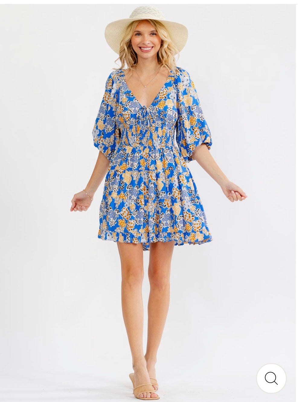 Vestido azul floral corto cuello V