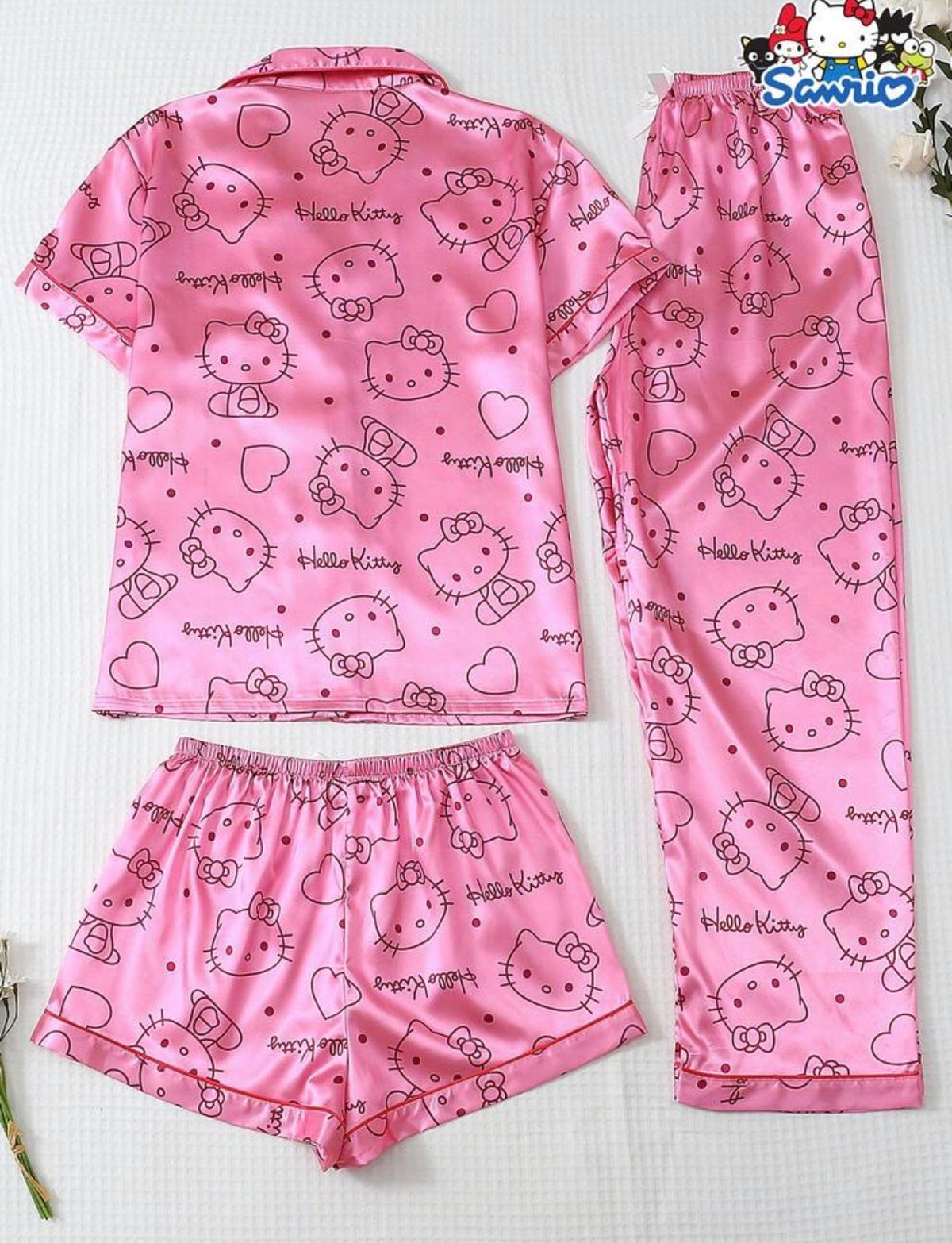 Pijama Hello Kitty rosada satinada 3 piezas