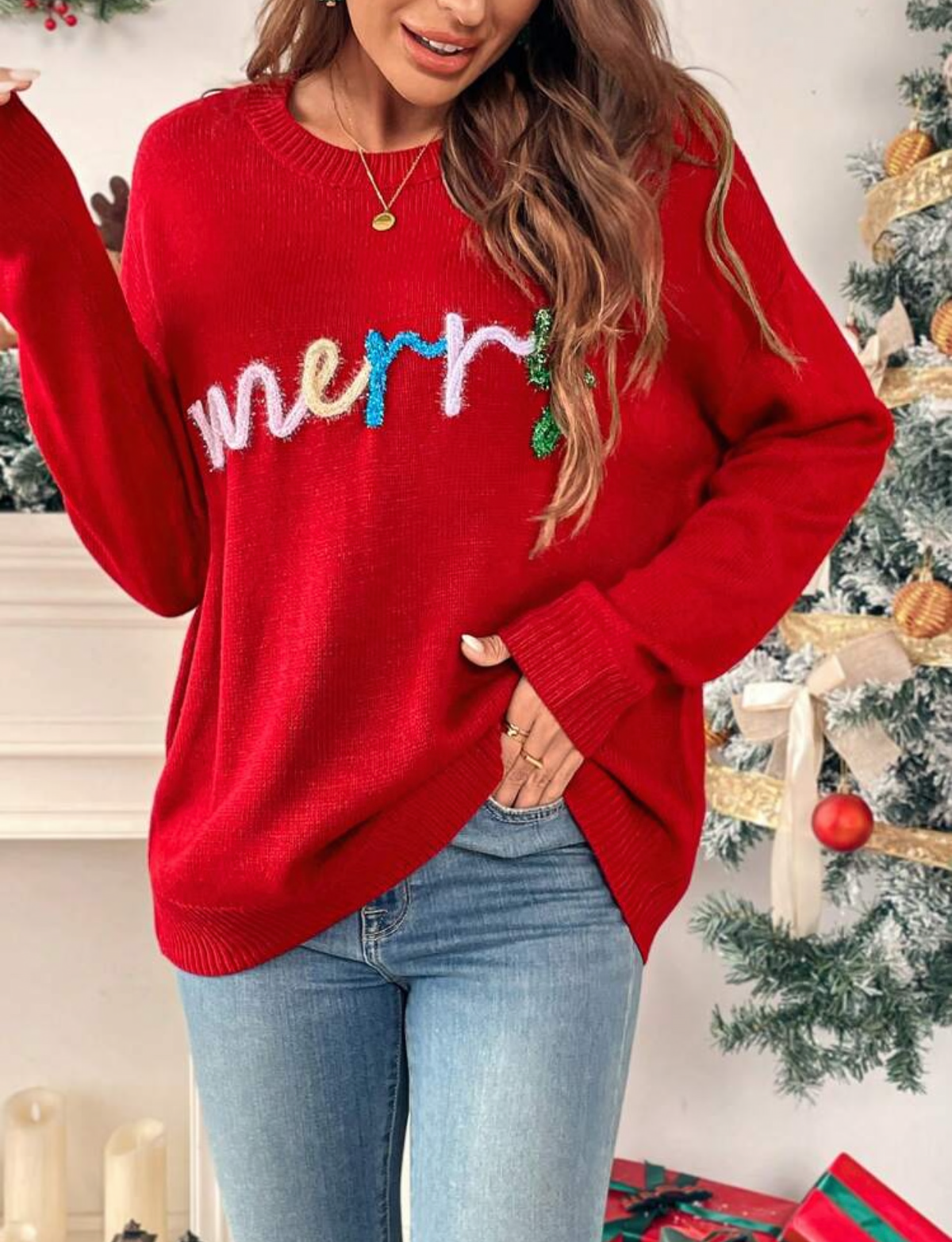 Suéter rojo con letras merry