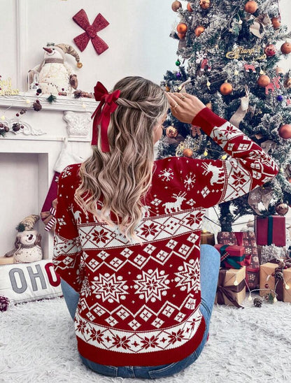 Suéter de Navidad rojo y blanco (renos y copos de nieve)