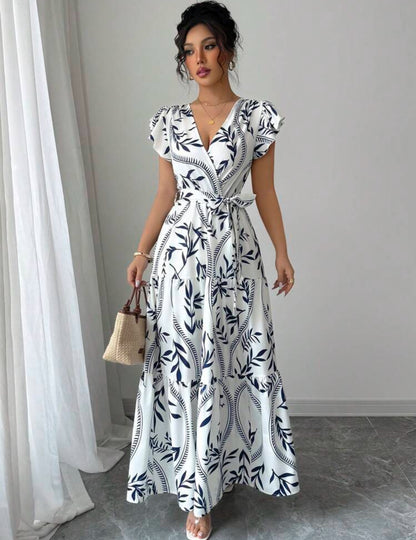 Vestido blanco largo estampado azul cuello V
