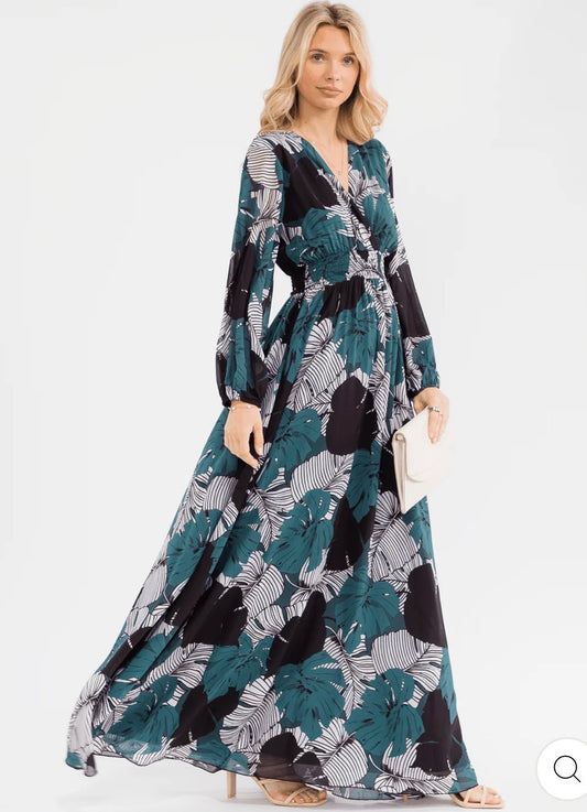 Vestido verde y negro maxi manga larga