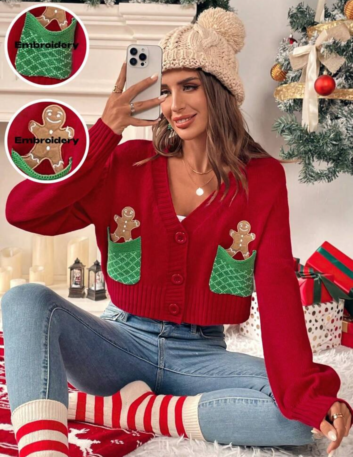 Suéter de Navidad bordado rojo con verde y hombre de jengibre