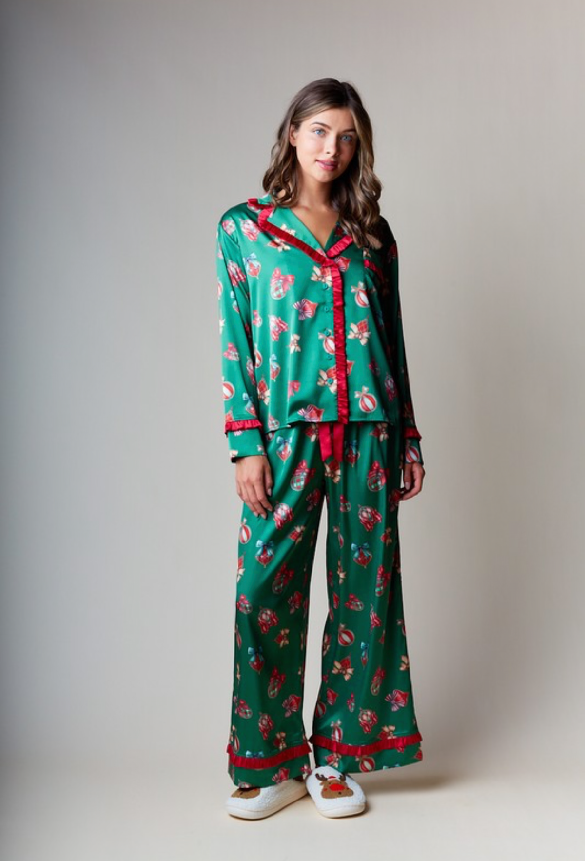 Set de pijama de satin Navidad verde y rojo