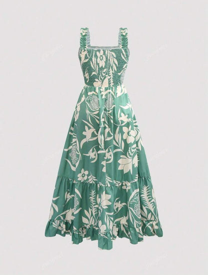 Vestido verde y beige con tirantes largos y estampado