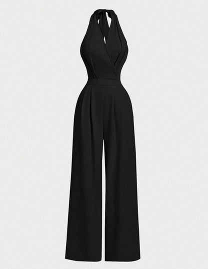 Jumpsuit negro de pierna ancha y escote halter