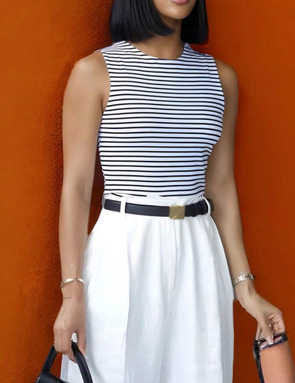 Camisa cuello redondo líneas azules y blancas