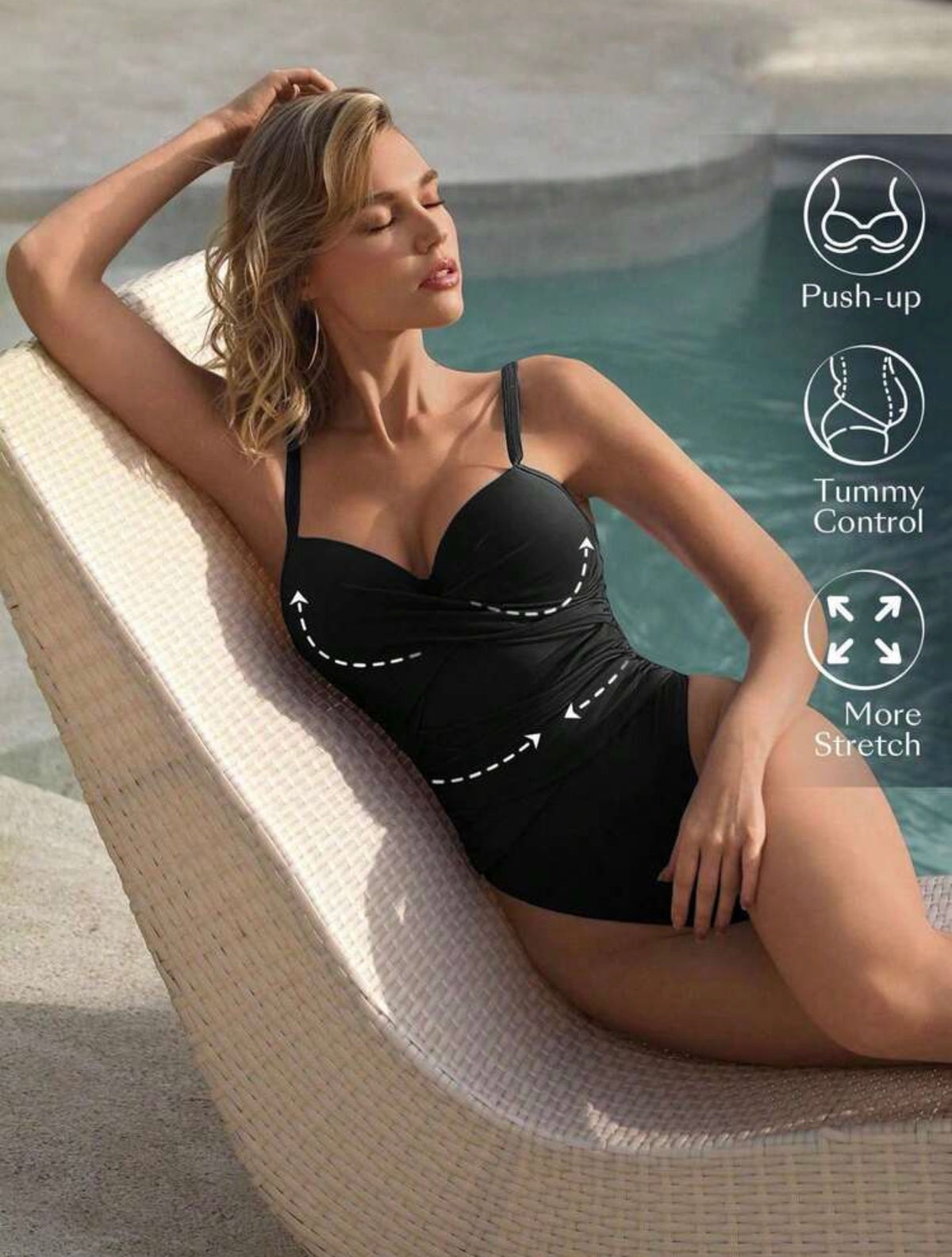 Traje de baño negro una pieza push Up y control abdominal