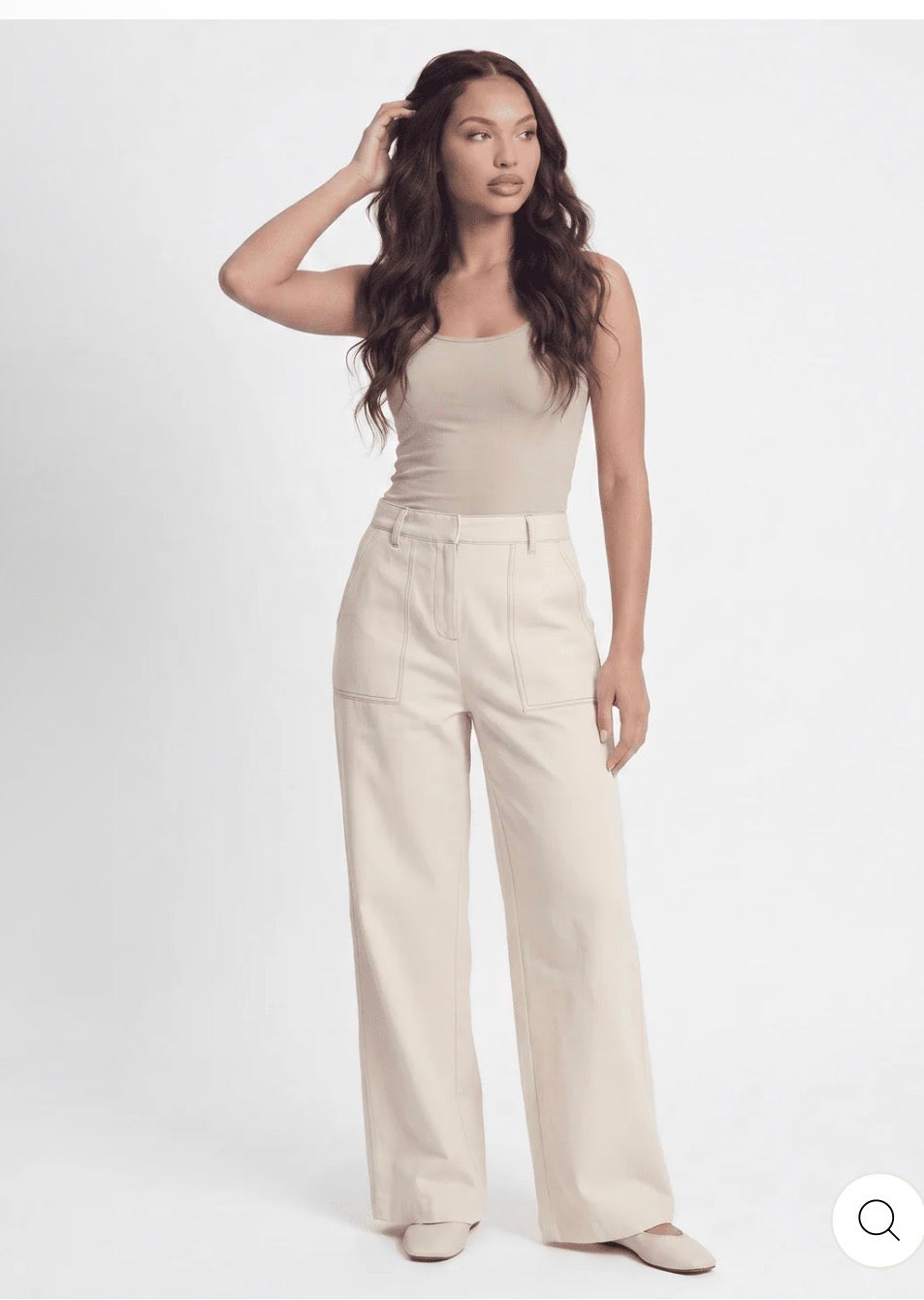 Pantalón beige wide leg de lino y algodón cintura elástica