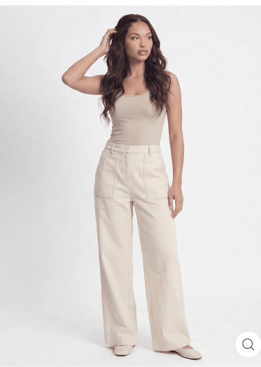 Pantalón beige wide leg de lino y algodón cintura elástica