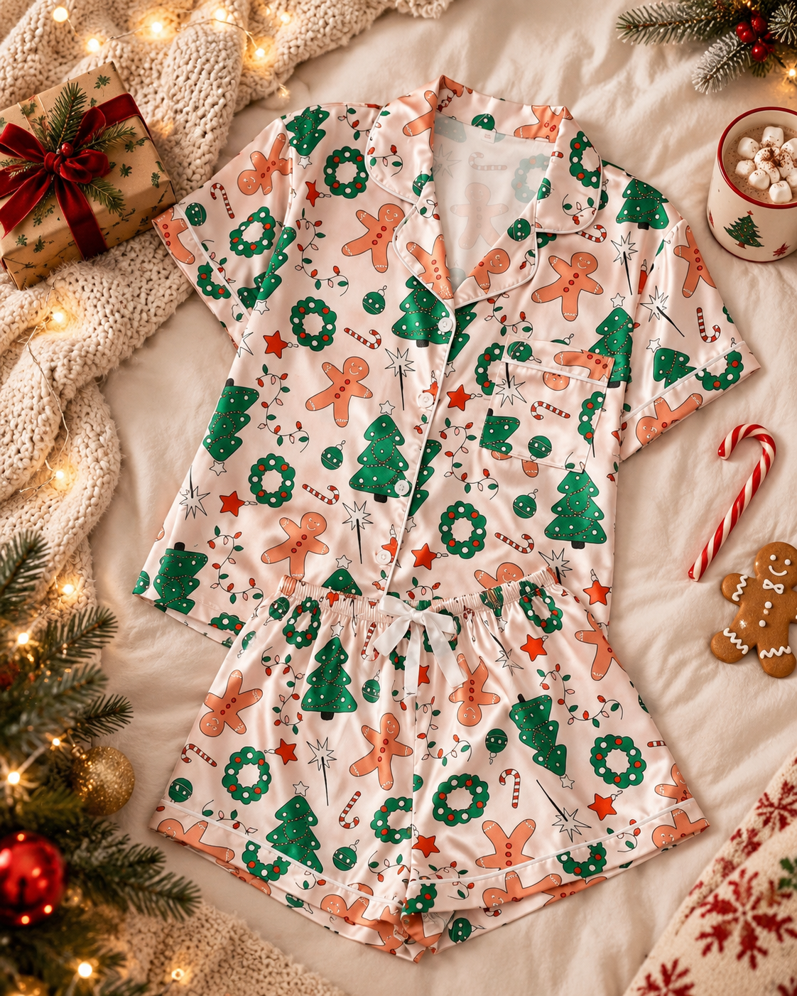 Pijama Navidad muñeco de jengibre Y arbolito satinada