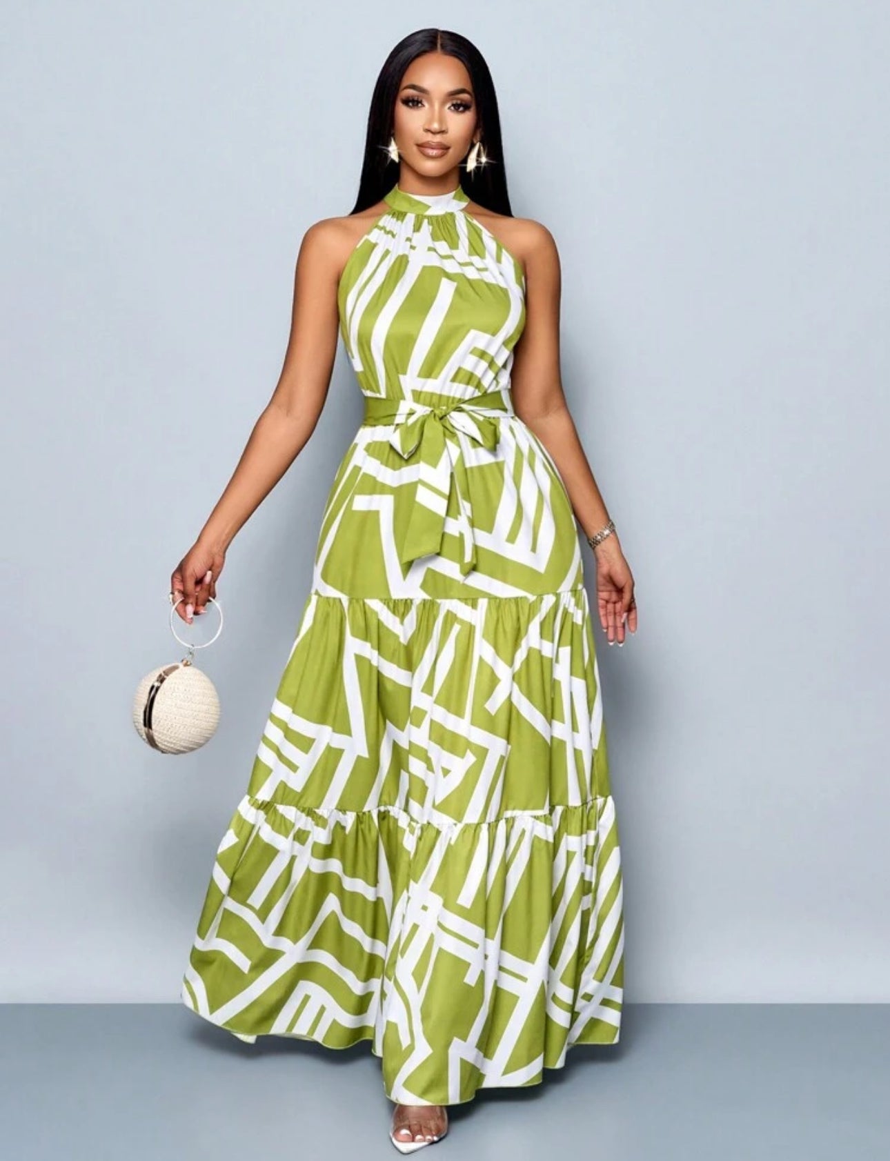 Vestido largo verde con lineas beige