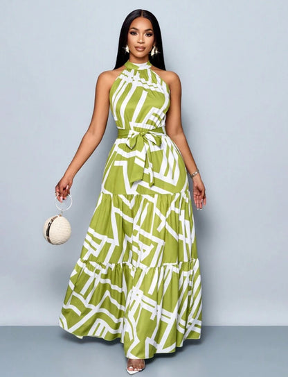 Vestido largo verde con lineas beige