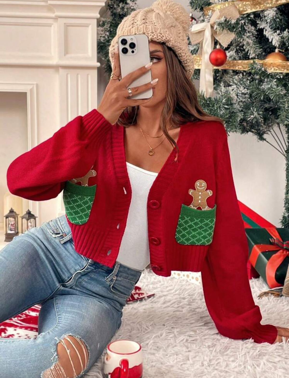 Suéter de Navidad bordado rojo con verde y hombre de jengibre