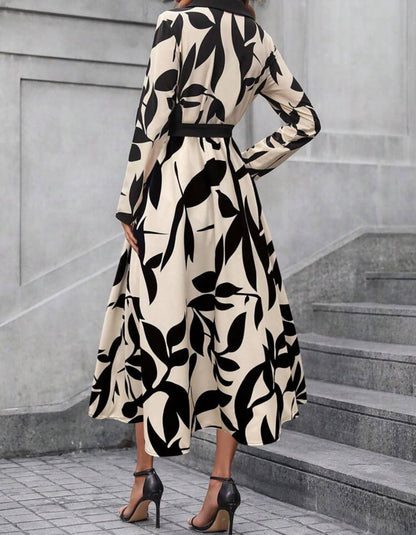 Vestido beige estampado de hojas negro