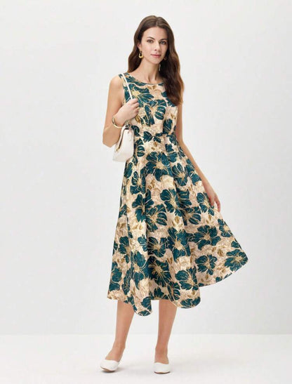 Vestido midi beige con flores verdes
