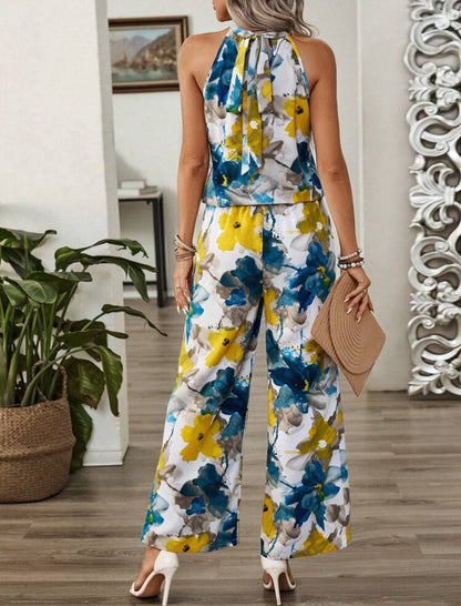 Conjunto floreado azul y amarillo