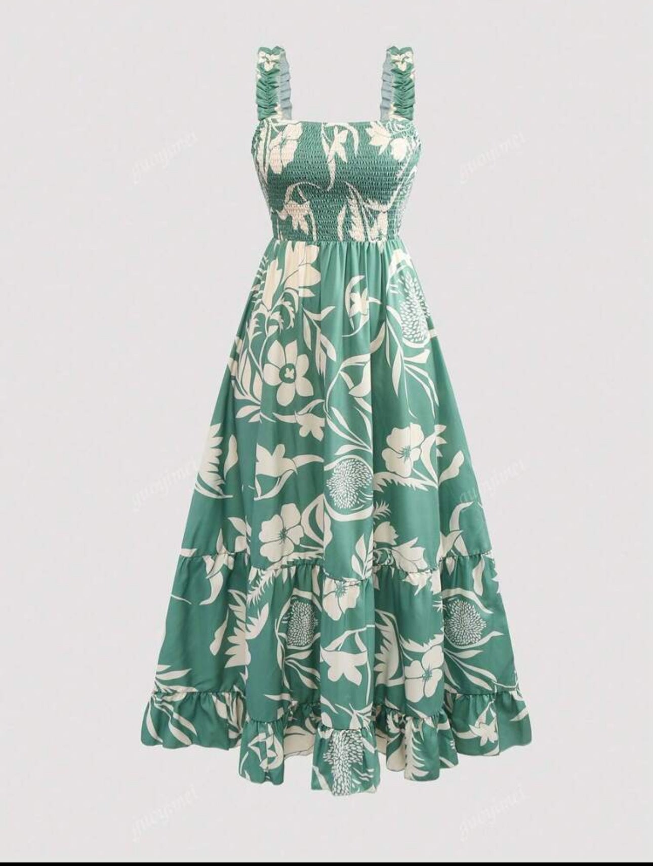 Vestido verde y beige con tirantes largos y estampado
