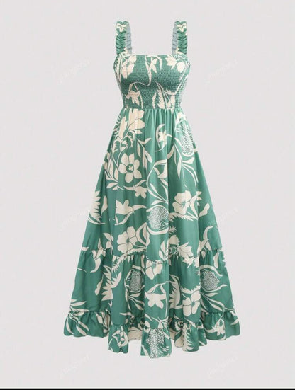 Vestido verde y beige con tirantes largos y estampado