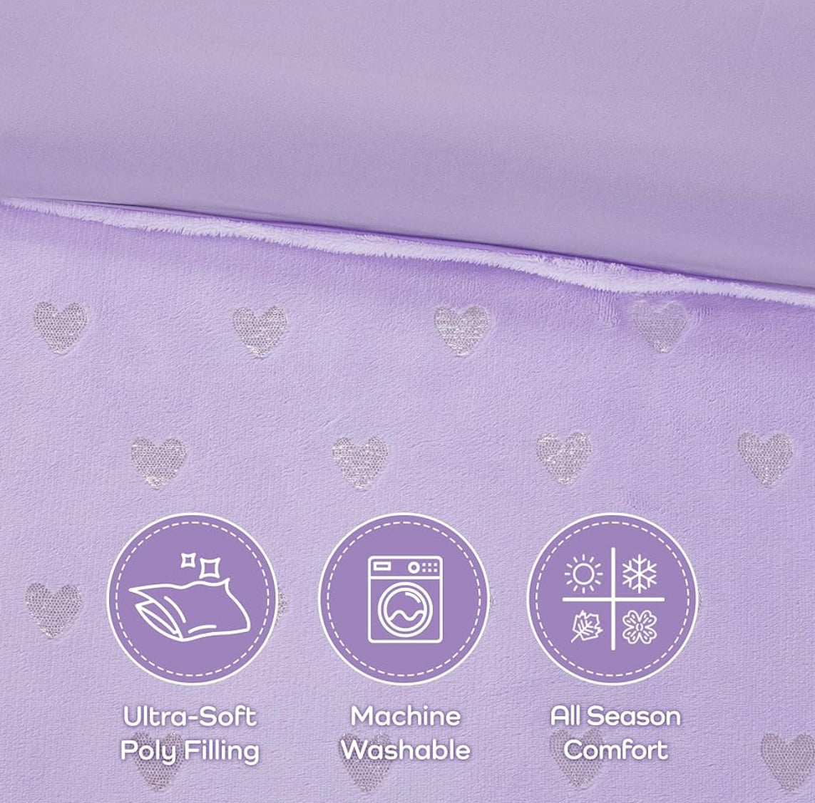 Mi Zone Rosalie Comforter, Ultra-Soft Microlight Plush Metallic Printed Hearts. Reverse Overfilled Down Alternative Hypoallergenic Full/Queen, Purple/Silver, 4 pieces - 1 comforter, 2 shams and 1 dec pillow