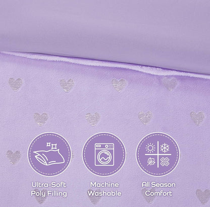 Mi Zone Rosalie Comforter, Ultra-Soft Microlight Plush Metallic Printed Hearts. Reverse Overfilled Down Alternative Hypoallergenic Full/Queen, Purple/Silver, 4 pieces - 1 comforter, 2 shams and 1 dec pillow